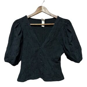 H&M Black Eyelet Puff Sleeve V Neck Button Up Blouse Top